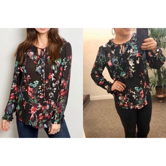 Black long sleeve yolk-tie floral tunic, sz M - Picture 6 of 8